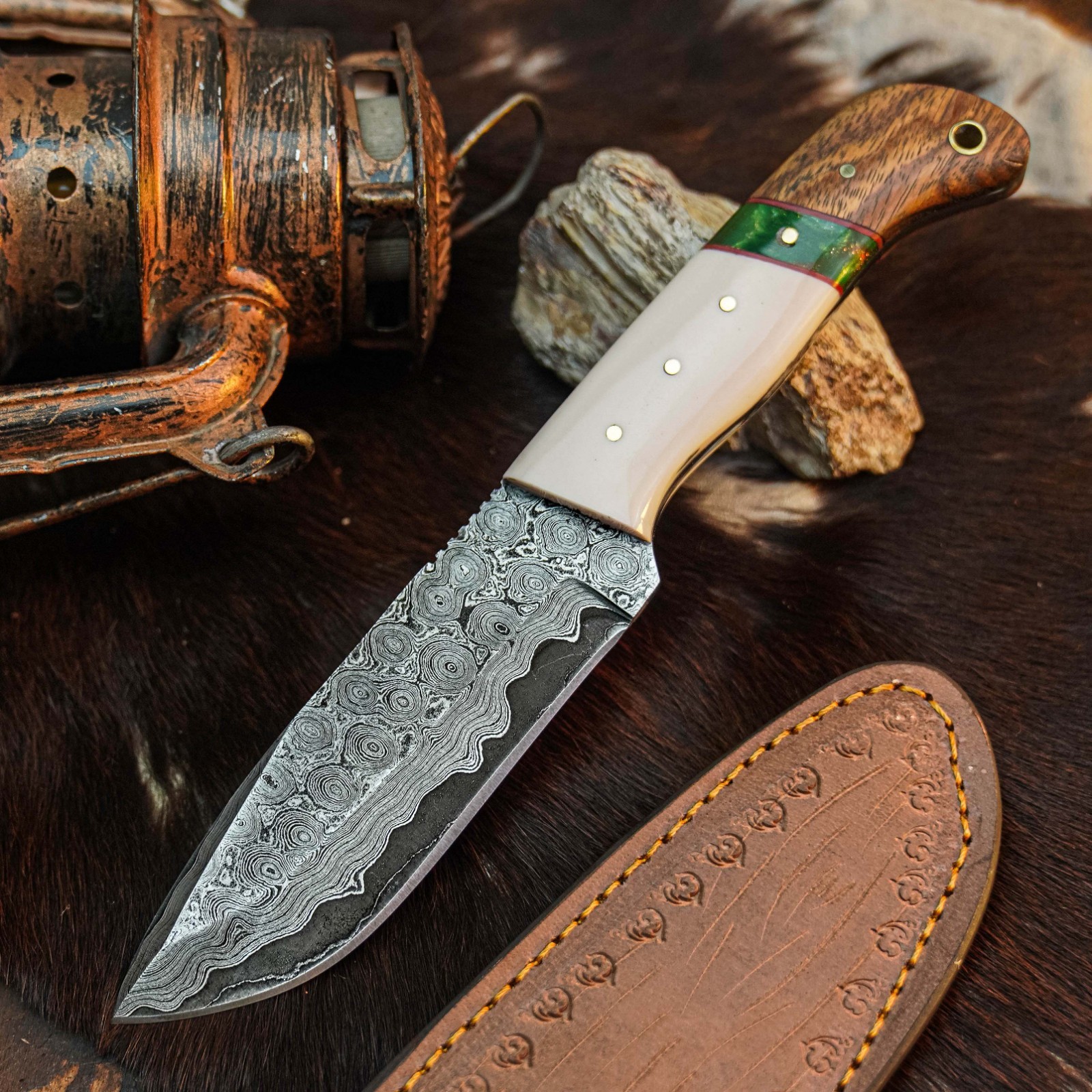 8.7″ Hunting EDC Damascus Knife Handmade Full Tang Hybrid Handle Leather Sheath