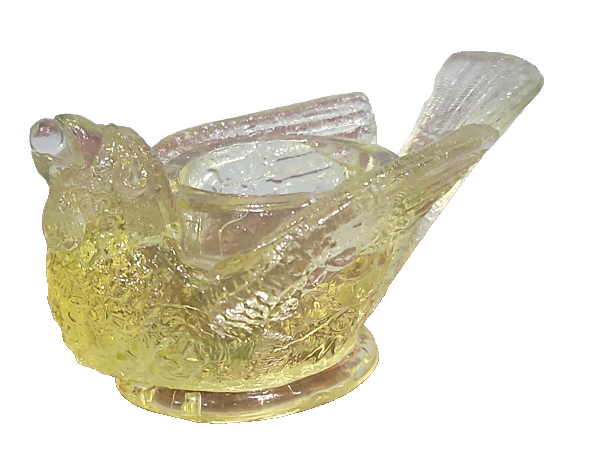 Degenhart Vaseline Yellow Vintage Glass “Bird with Berry” Open Salt Cellar 3″