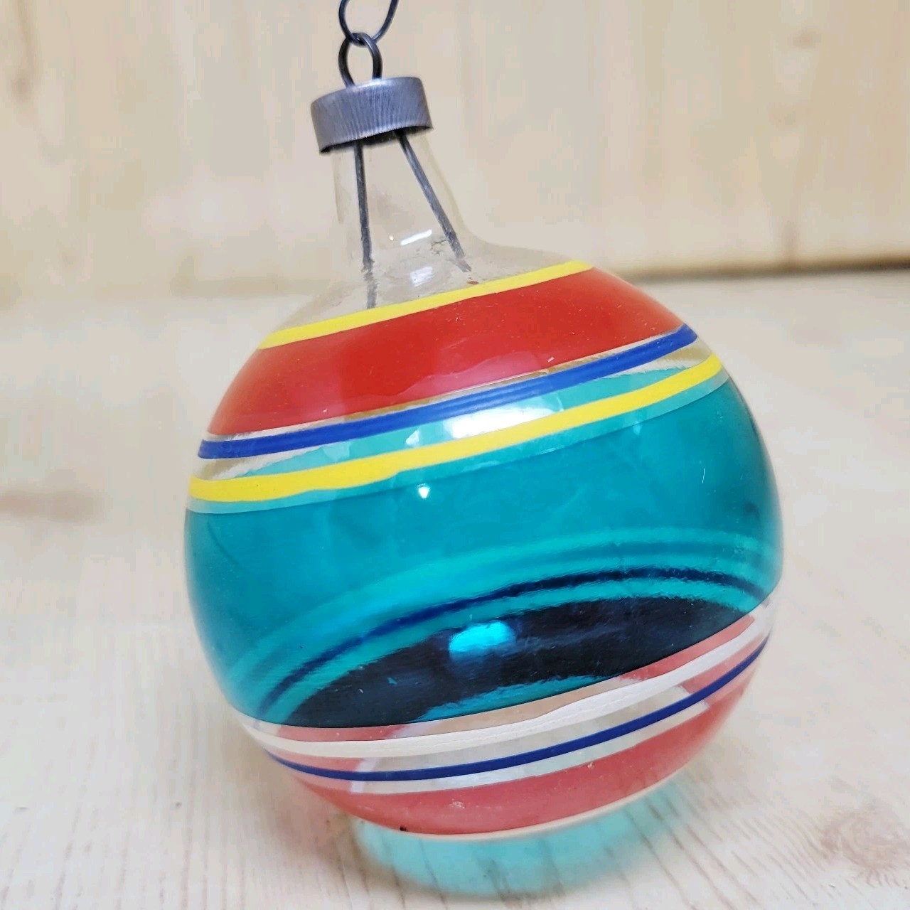 Vintage WWII Era Unsilvered Red Green Stripe Glass Ball Christmas Ornament