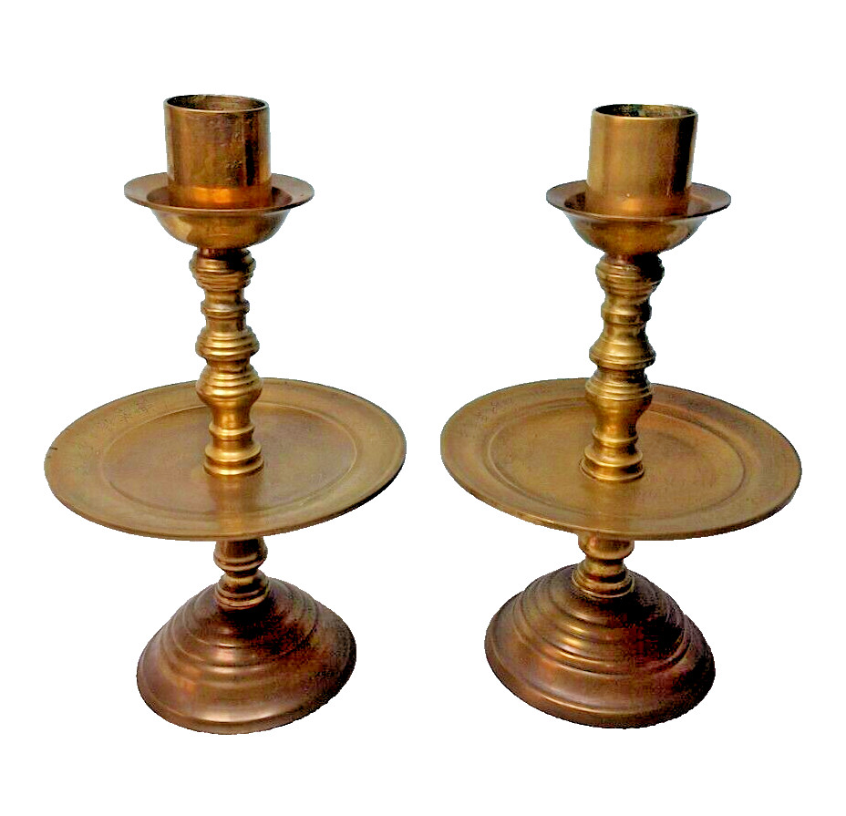 Pair Solid Brass Middle Eastern Candlesticks 11″ High x 6″ Wide 2.5 Pounds Each
