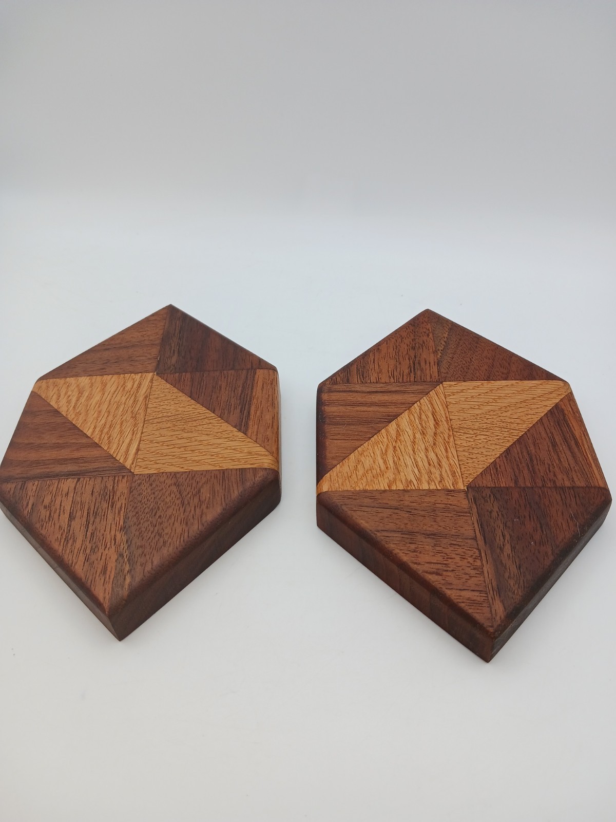 MCM Geometric Inlay Wood Hexagonal Coaster Trivet Handmade Handcrafted Art