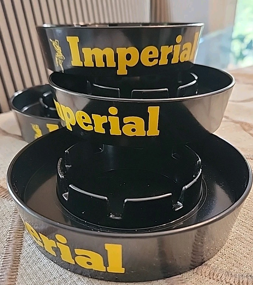 (4) VINTAGE Imperial Whiskey ~ The Imp Plastic Ashtray ~ Black w/Yellow Letters