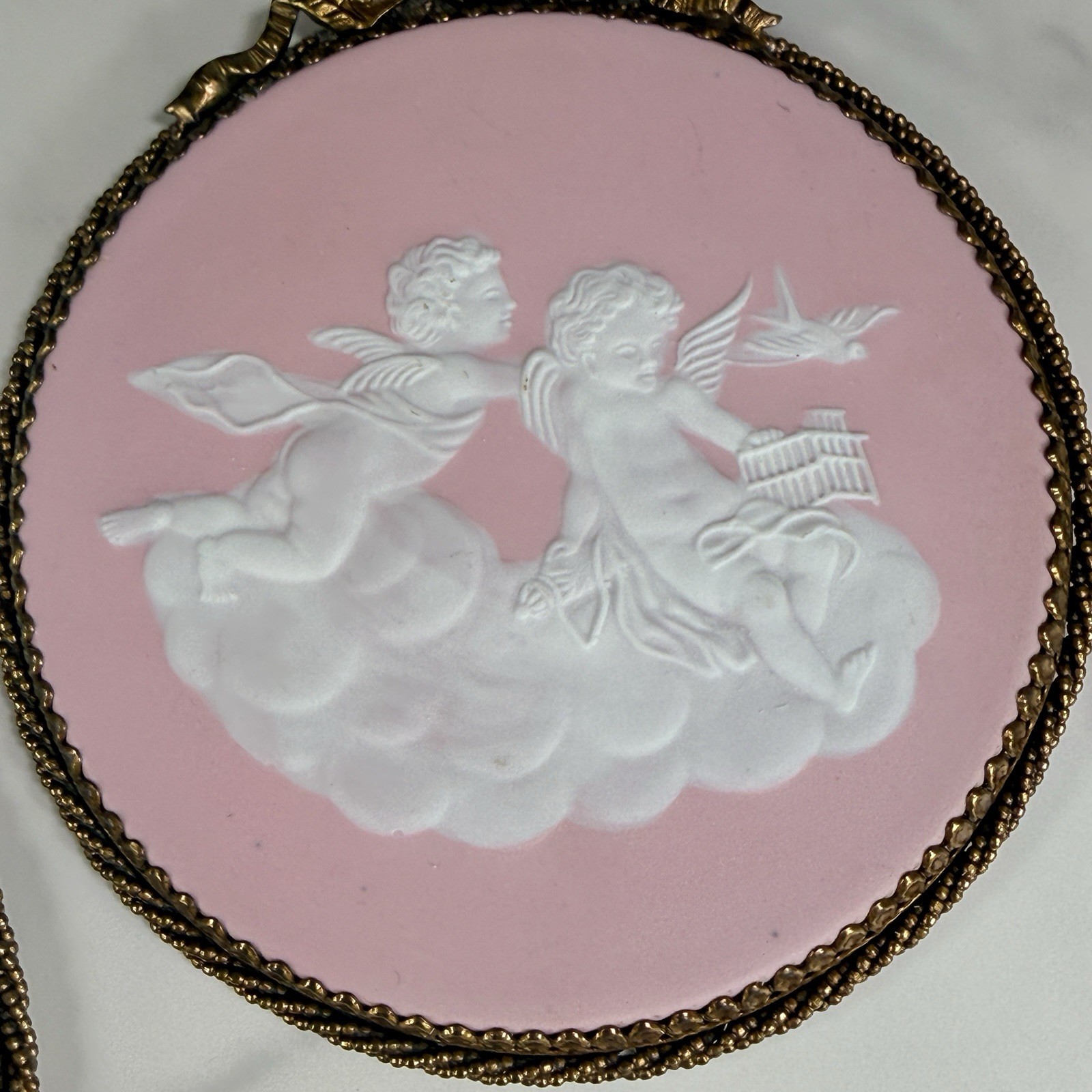 Pair Pink White Jasperware Plaques Putti Cherub Angels Framed Round 5.5″