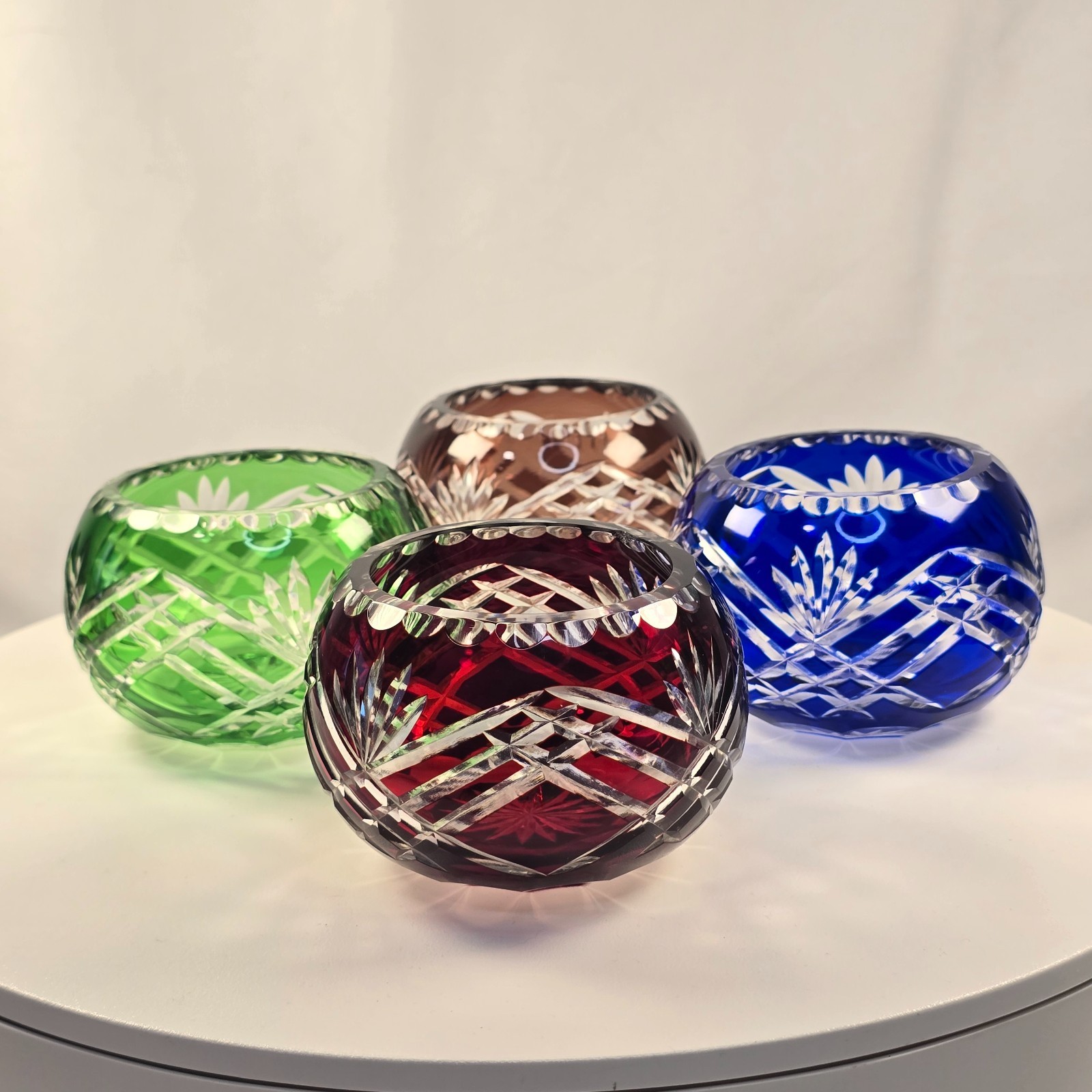 Vintage Cut to Clear Crystal Votive Candle Holder Bowl Set 4 Ruby Blue Green Tea