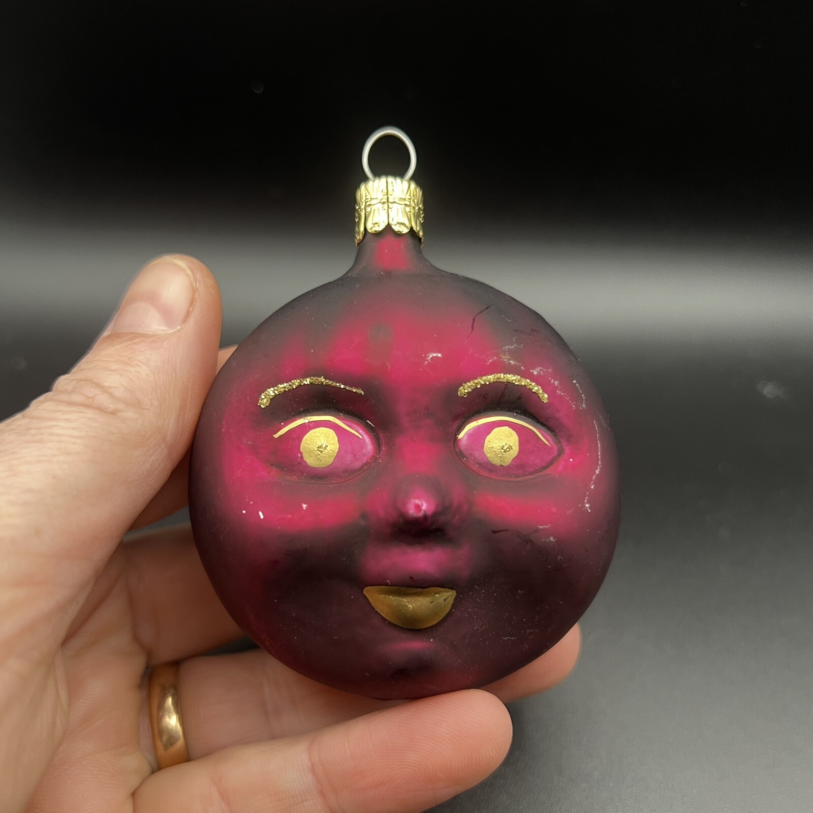 Blown Glass Moon & Stars Celestial Ornament Deep Red Burgundy Gold Disk 3” Czech