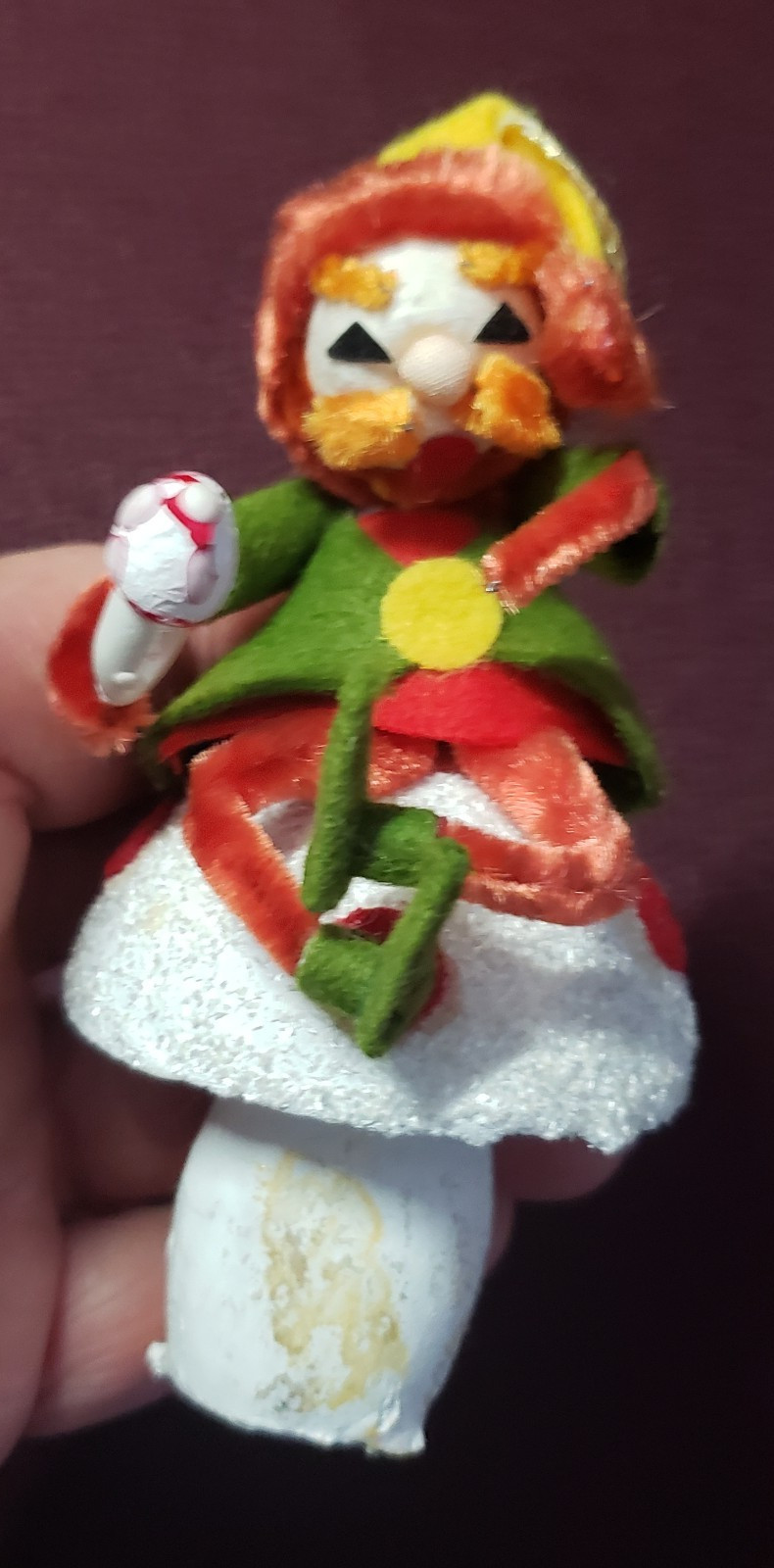 Christmas Elf Paper Papier Mache Chenille Sitting Mushroom in Hand Ornament HTF