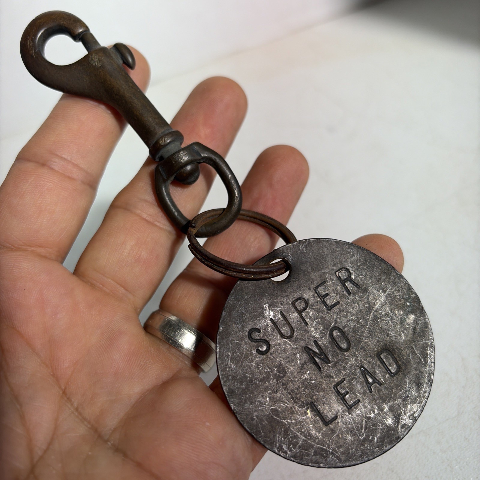 Vintage Brass & Copper Belt Clip Key Chain Super No Lead Petroleum Gas Tag