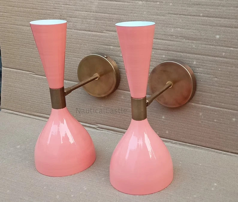 Vintage Pink Diabolo Wall Lamp Pair – Brass Mid-Century Modern Sconces