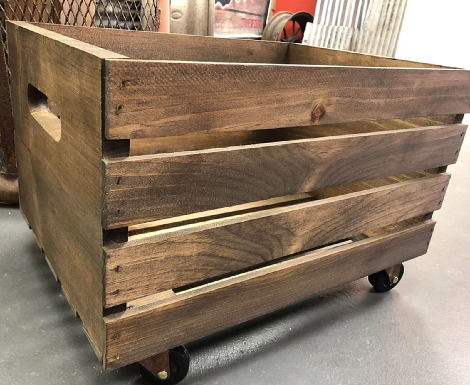 Dark Walnut Color Wooden Crate on Wheels
