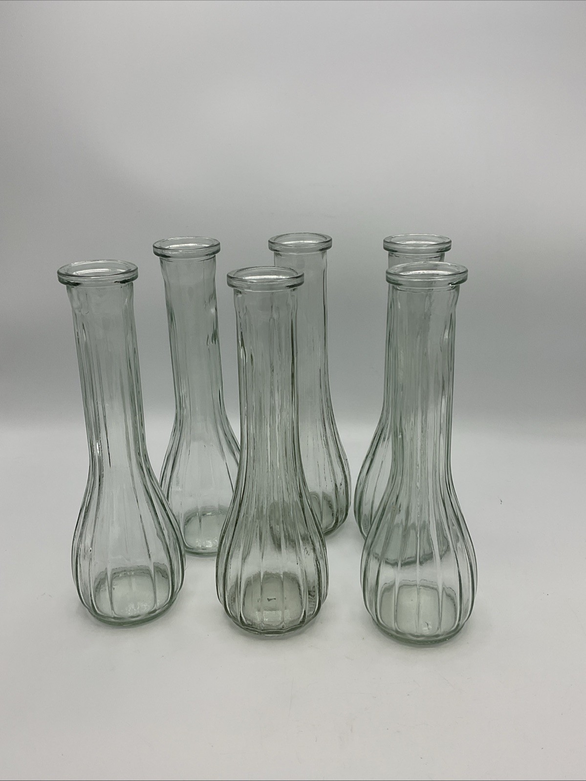 6 Clear Ribbed Vases (9in)