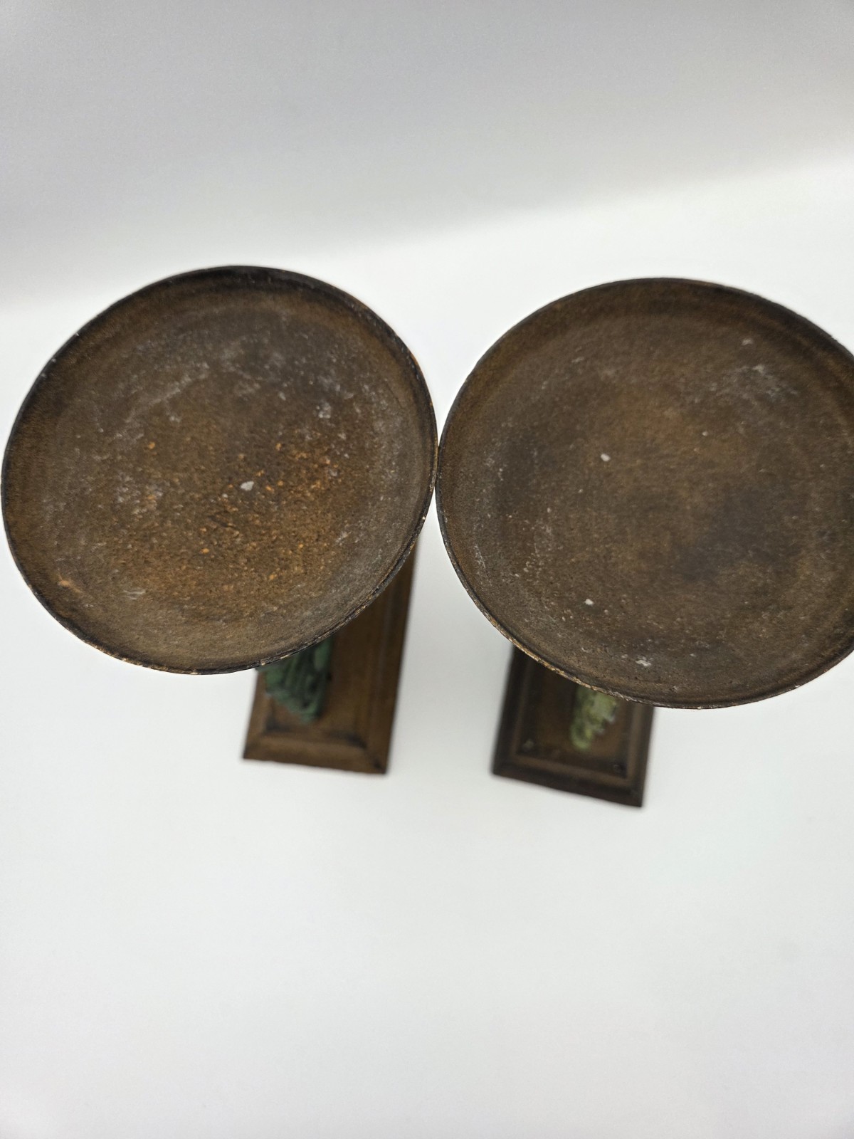 Vintage Cast Iron Candle Holders Pair Verdigris Green Rustic Gothic Decor Heavy