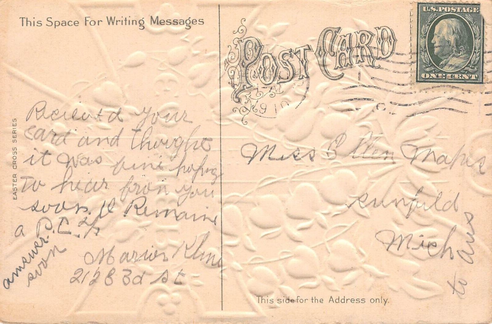 D3522 “An Easter Greeting” Cross & Bleeding Hearts. Antique 1910 Postcard, Emb.