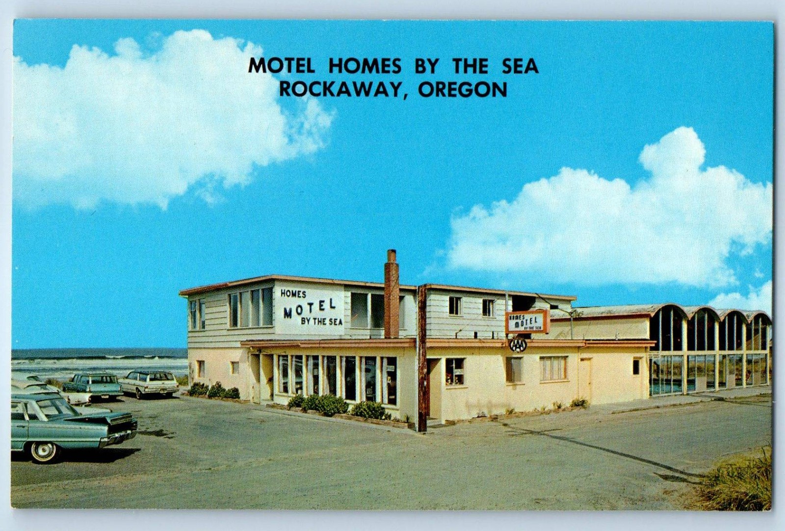 1960 Rockaway Oregon Postcard Motel Homes By The Sea Beach Indoor Swimming Pool