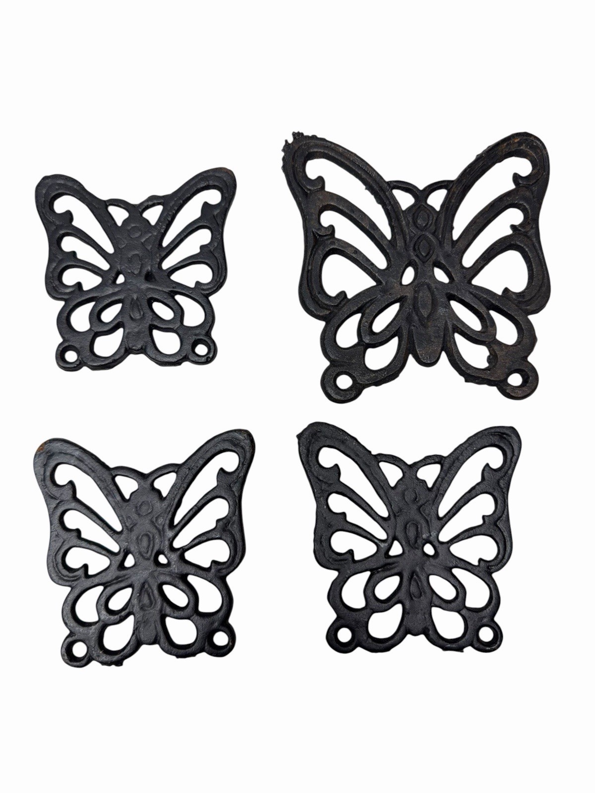 Vintage Cast Iron Butterfly Trivets Set Lot 4 Black Wall Decor 3” 4” Rustic