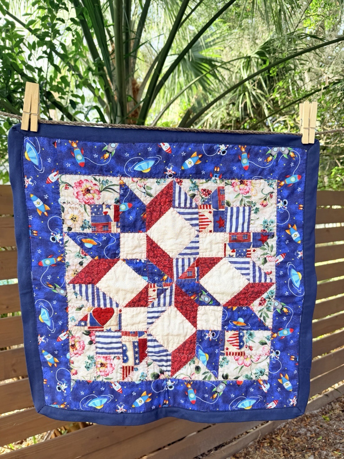 Vintage Handmade Patriotic Star Quilt Table Topper 22″ x 22″ Space & Rockets USA