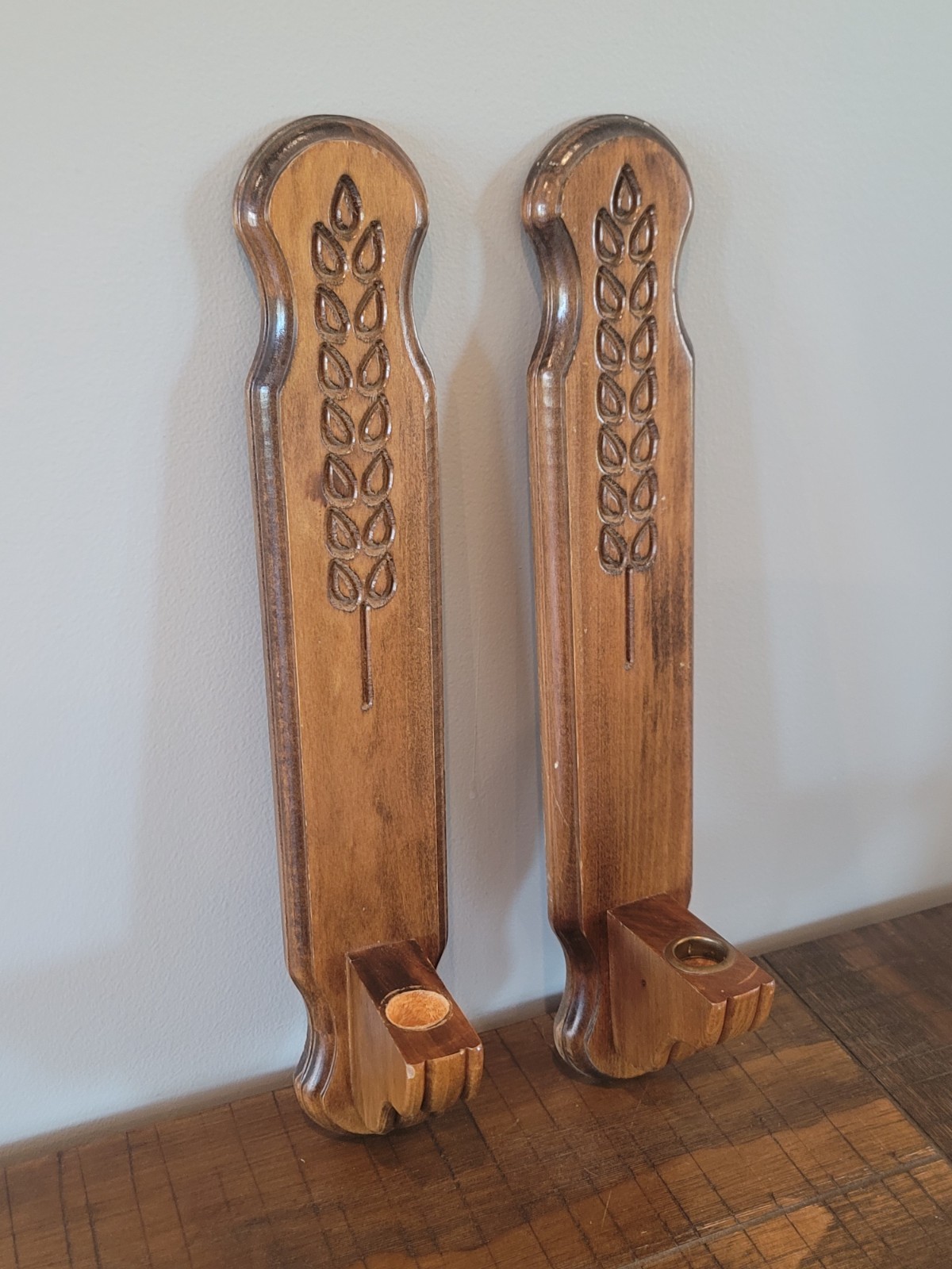 Vintage Wooden Wall Sconce Candle Holders Pair Carved Wheat Early American Farmh