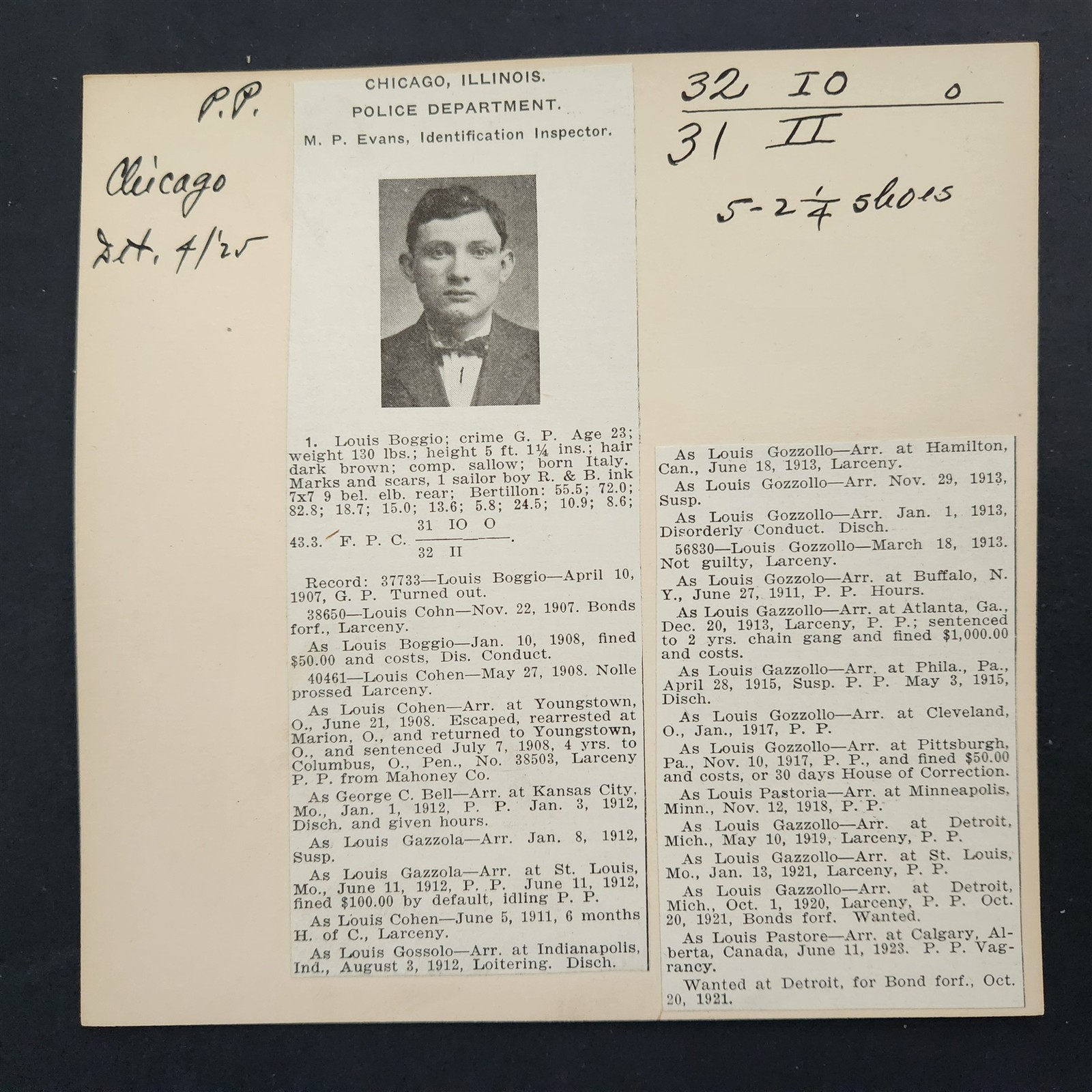 1925 antique POLICE MUG SHOT CARD chicago il LOUIS BOGGIO multi ARRESTS larceny