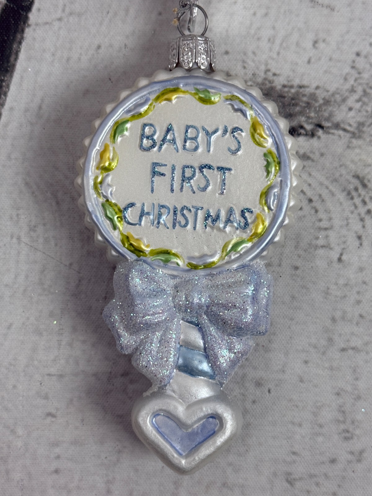NOBLE GEMS Kurt Adler BABY’s 1st Christmas Blown Glass Rattle Christmas Ornament