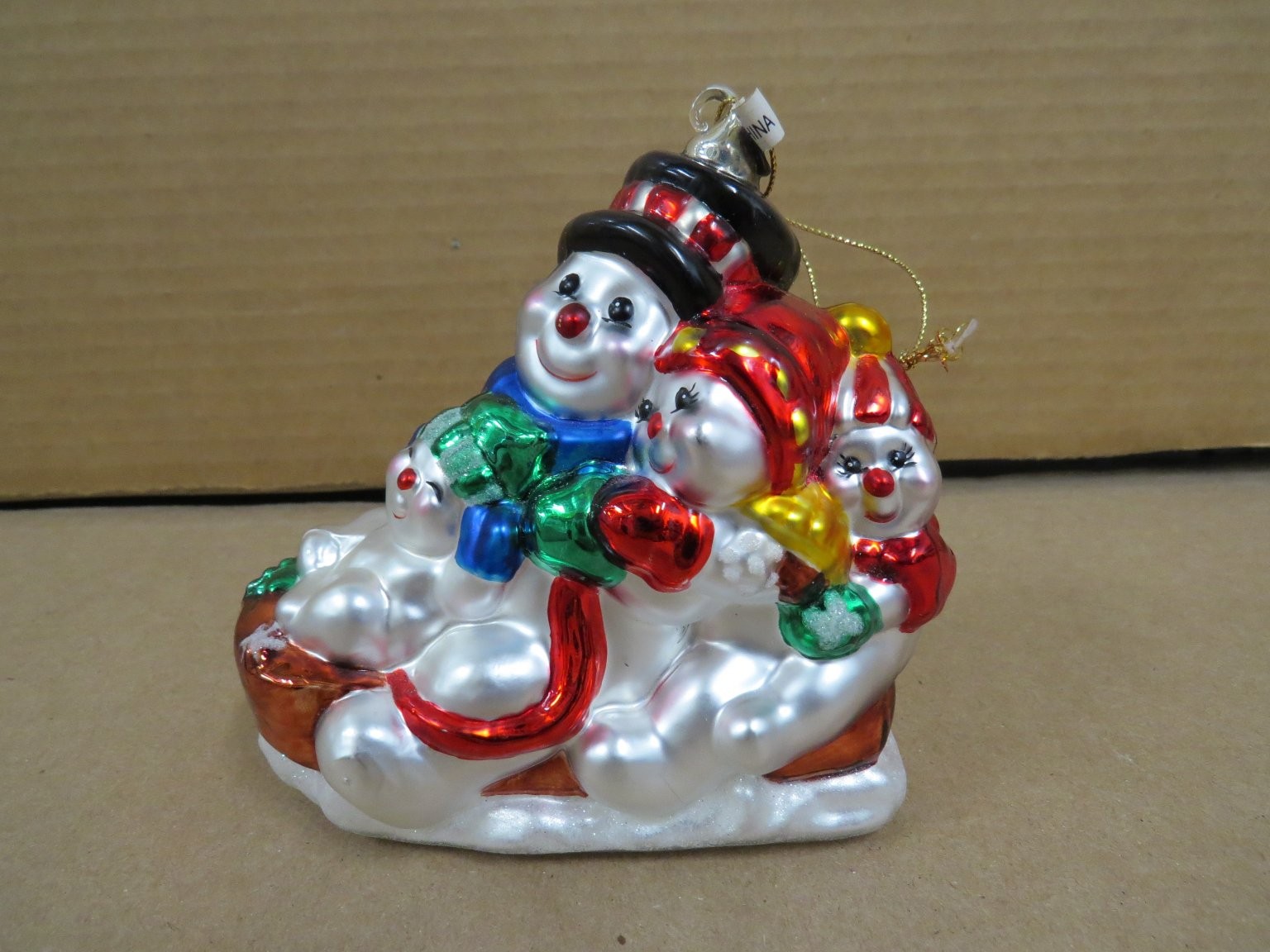 Snowman Family Blown Glass Christmas Ornament Sleigh Approx 4.75″ W x 3.75″ H