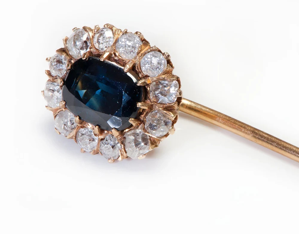 Antique 18K Yellow Gold Over Sapphire & Diamond Detachable Lapel/Stick Pin Men’s