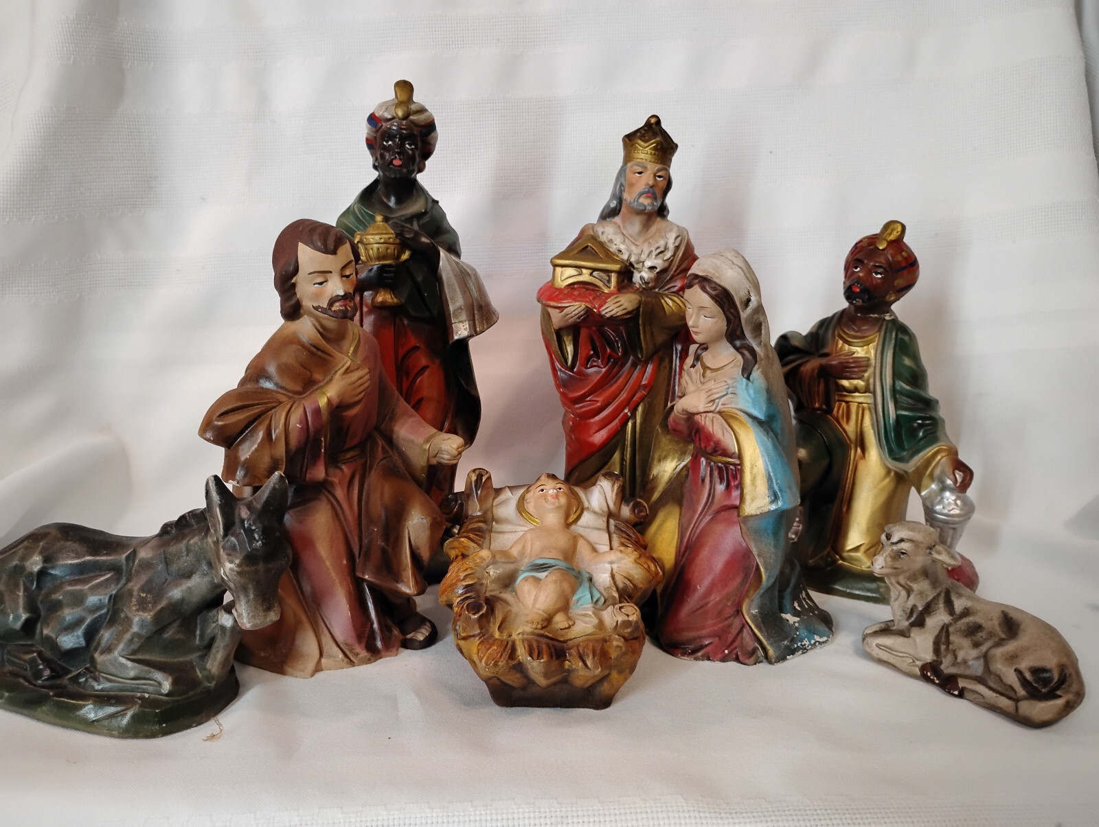 Vintage LARGE 8pc Set Japan Paper Mache Nativity Set Creche 3-9″ Tall