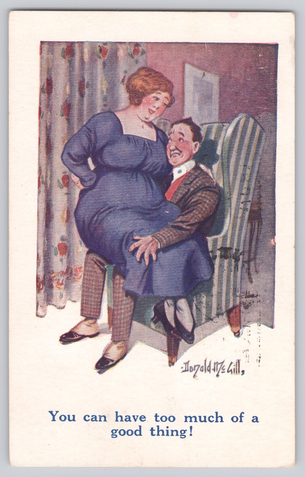 1925 Donald McGill Lover Comic Postcard “Too Much of a Good Thing” Saucy Humor