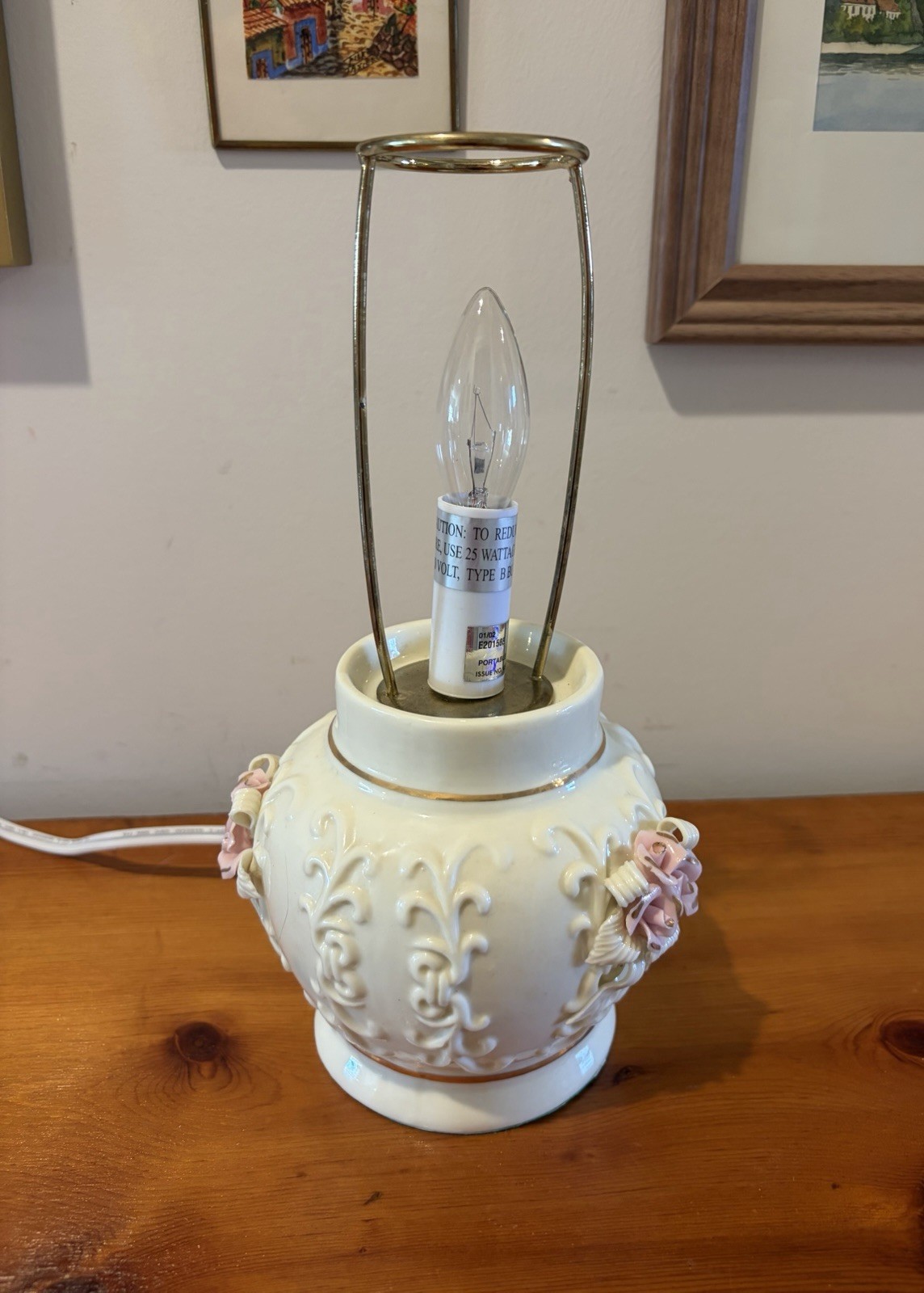 Vintage Porcelain Rose Boudoir Lamp Capodimonte Style Works-Shade Not Available