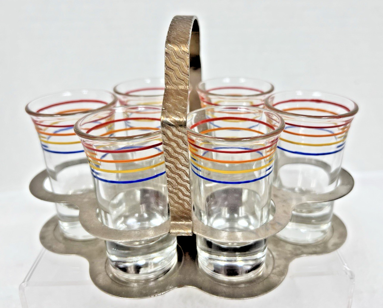 6 Vintage 3″ Tall Rainbow Striped Shot Glasses Chrome Caddy Holder Carrier