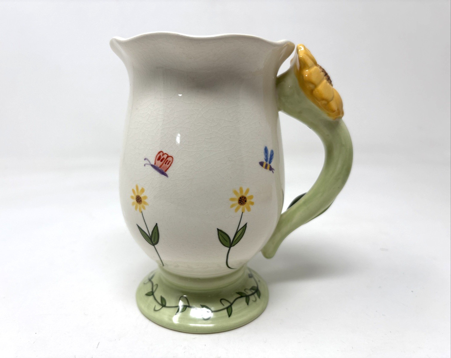 Vintage SUNFLOWERS BEES & BUTTERFLIES Footed Coffee Cup White Yellow Pink Green