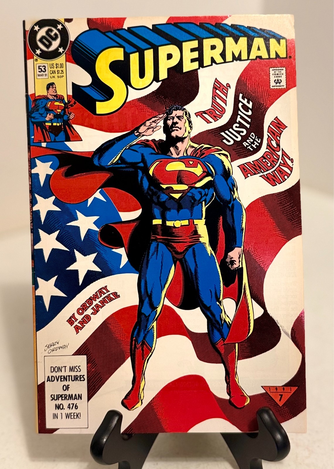 Superman 53-2nd Series,Classic Flag Cover! USA Motto July 4th Jerry Ordway