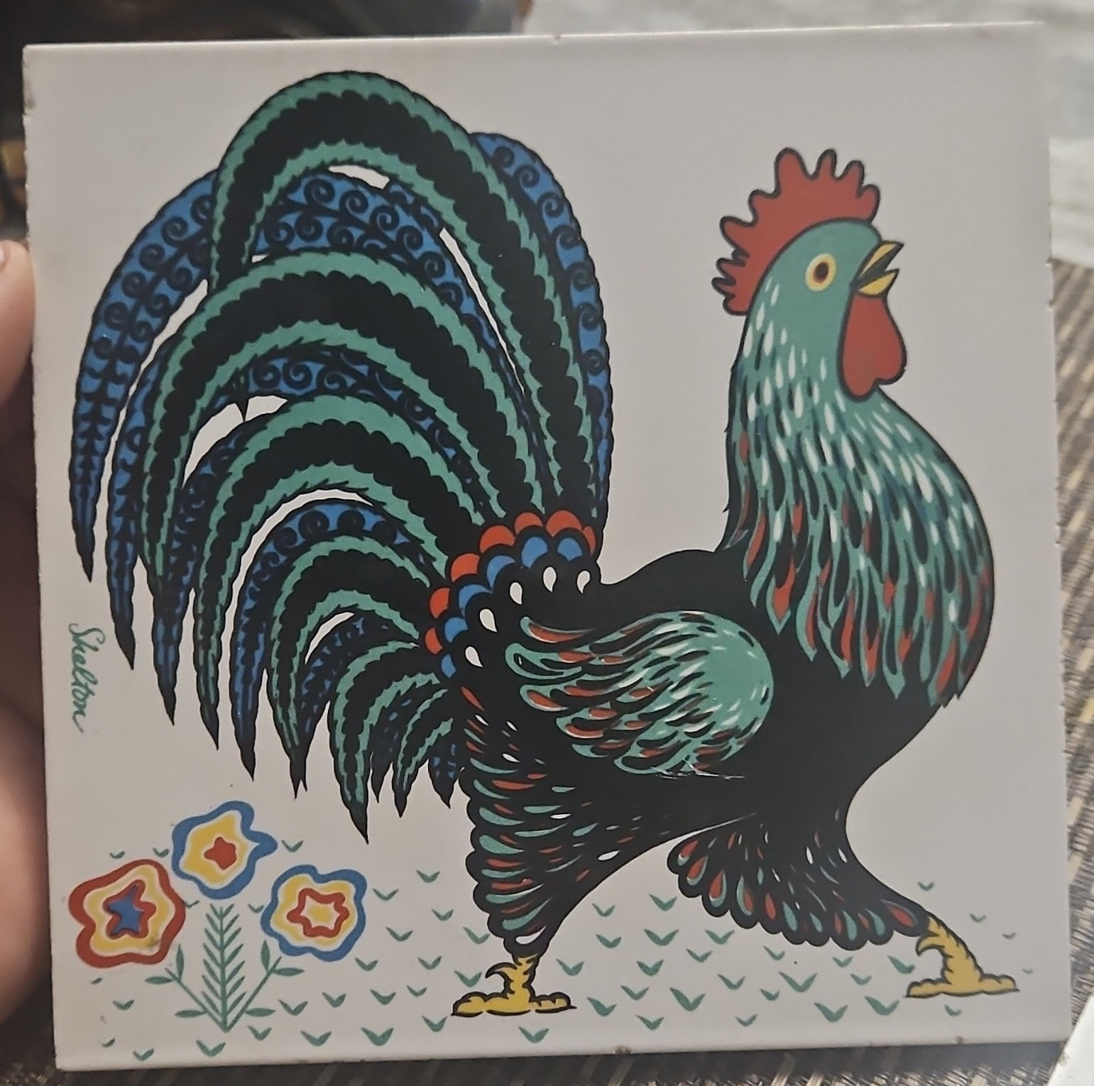 Vintage Shelton Sexton Rooster Pictorial Ceramic Tile Square Glazed Multicolor
