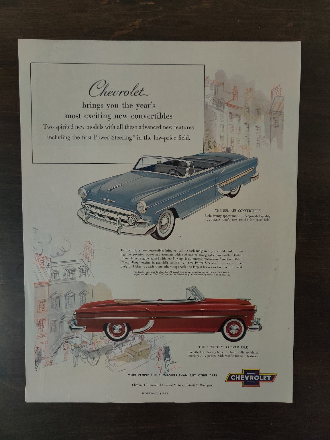 Vintage Chevrolet 1953 Convertible Blue Red Full Page Original Ad