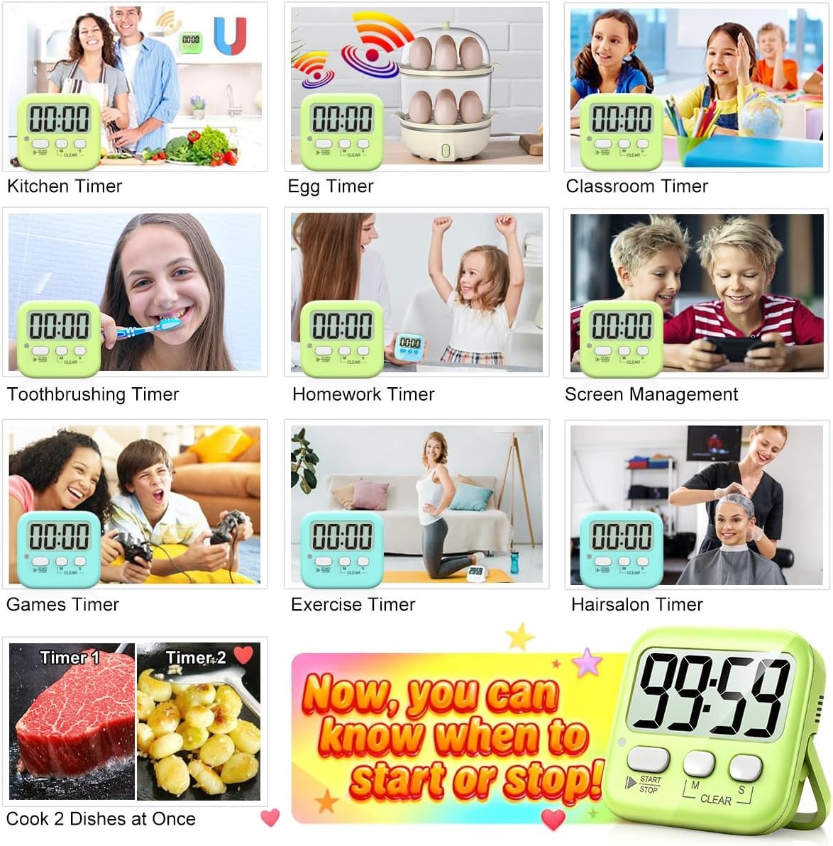Antonki 2-Pack Digital Timer,Magnetic Countdown Kitchen Timer-Batteries Included