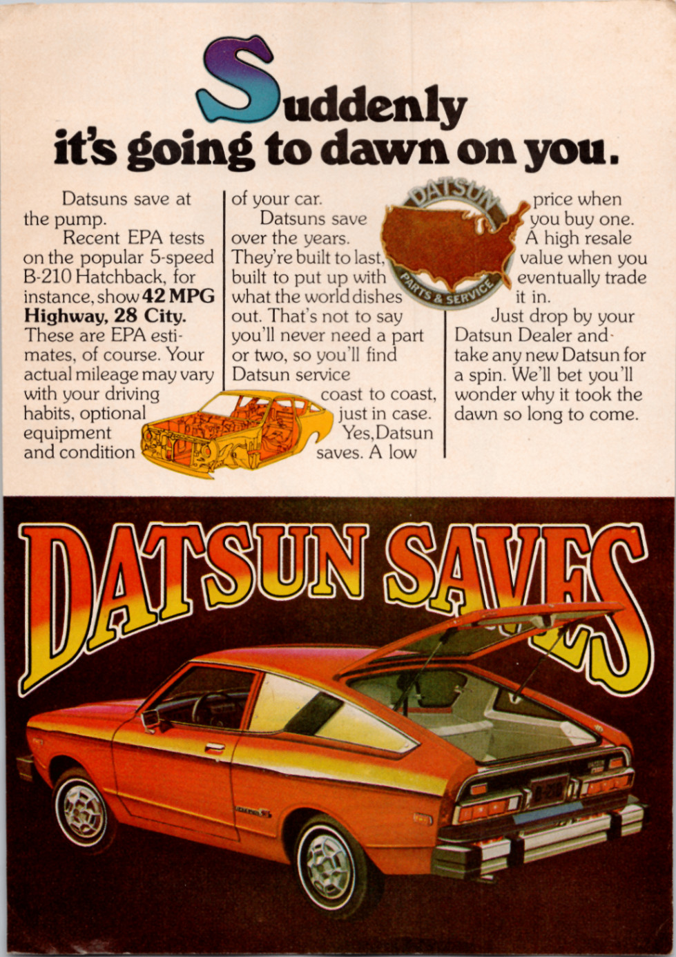 Datsun B-210 Hatchback Vintage Magazine Ad 1970s Orange Car Print