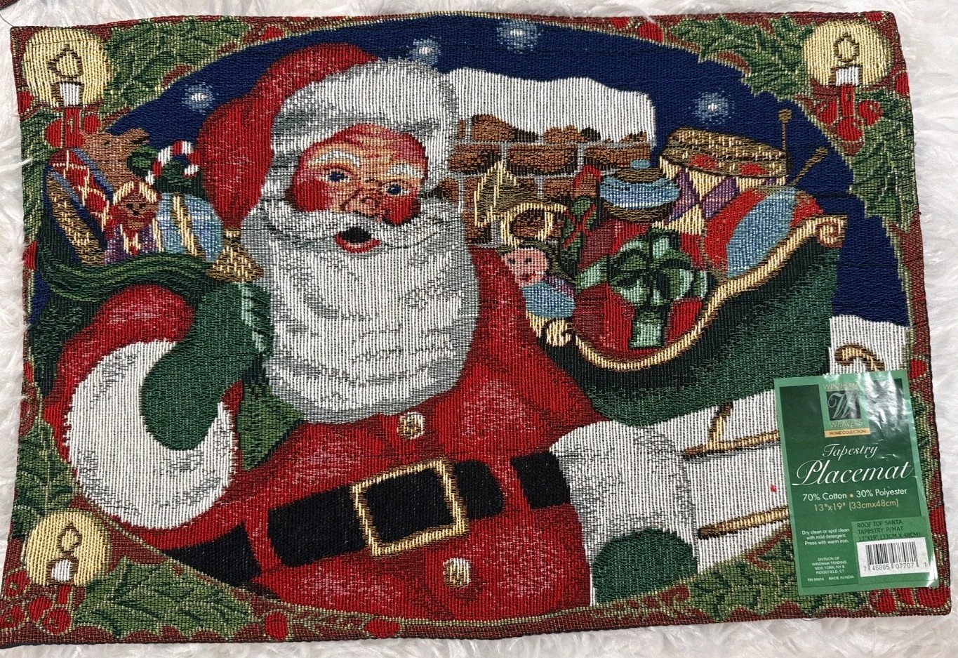 Vintage Woven Santa Tapestry Christmas Placemats Set of 3 Cotton Polyester Blend