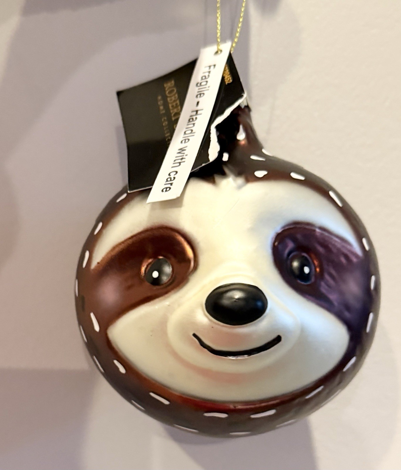 Robert Stanley Blown Glass Christmas Ornament Large 4″ Sloth Head Ball NEW