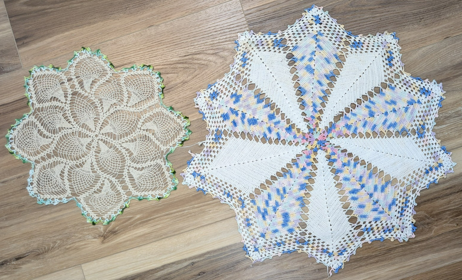 Two Vintage Doilies With Color White Blue Beige Green Romantic Cottagecore Round