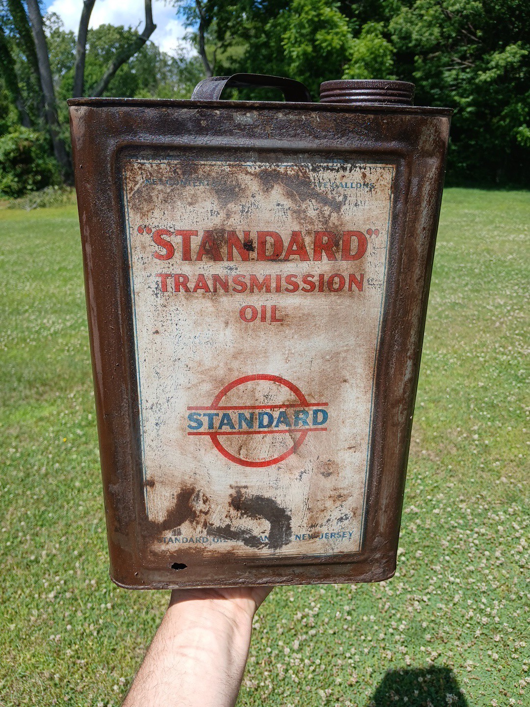 Vintage Standard Oil Transmission Motor Oil 5 Gallon Metal Tin Can Empty Rougher