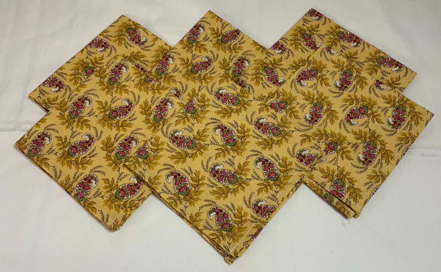 Seven Small Napkins, Flower & Paisley Print, Cotton, Yellow, Pink, Mustard