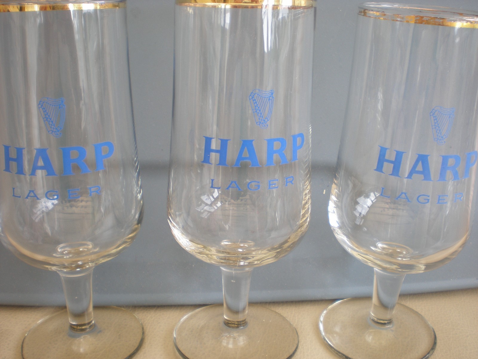 3 x Harp Lager stemmed half pint glasses gold rim