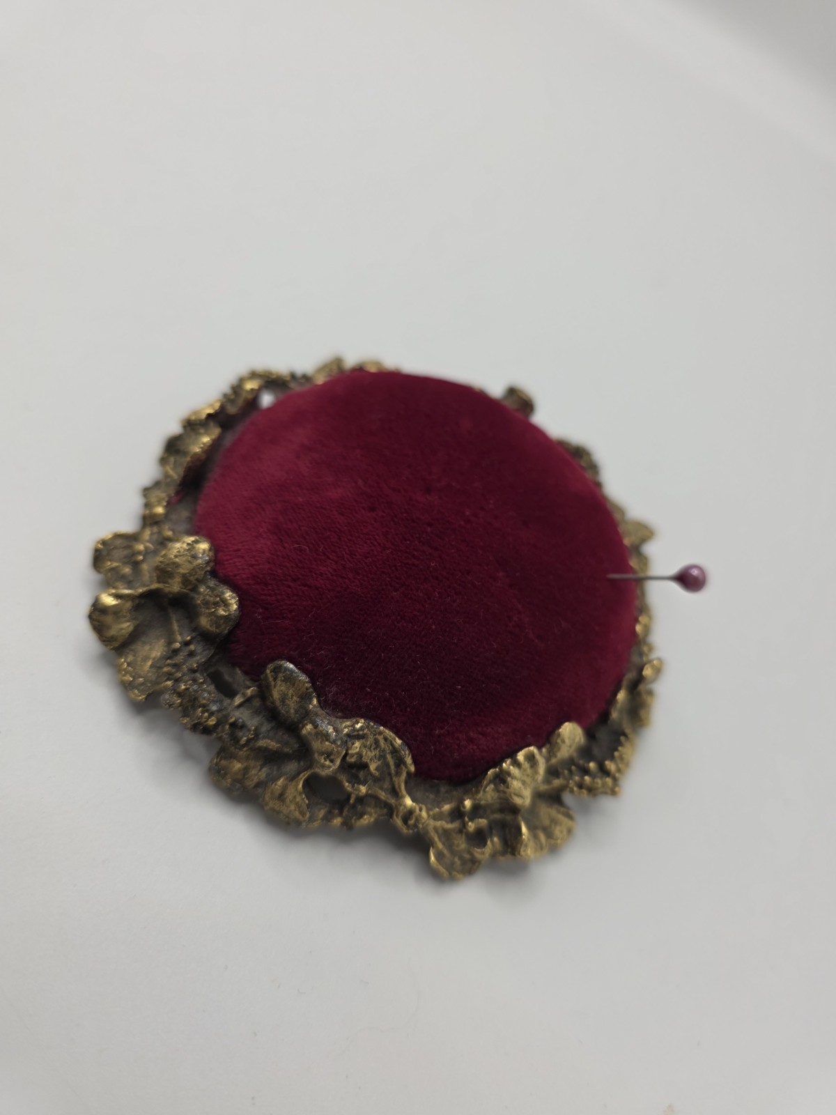 Antique Watkins Boutique Scarlet Red Velvet Sewing Pincushion.Gold Finish Base