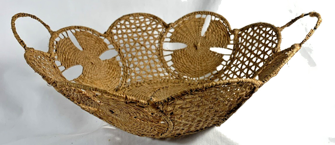 Antique Basket Wire Frame Intricate Caning Weaving Details Wired Handles 10”