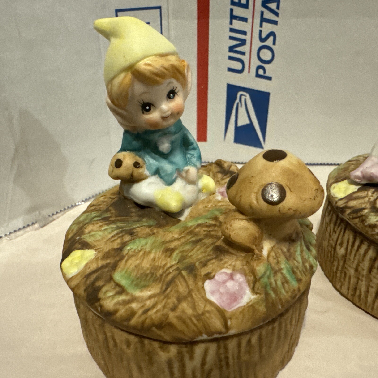 Vintage Homco 5404 Pixie Gnome Elf Mushroom Ceramic Trinket Box Set Of 3