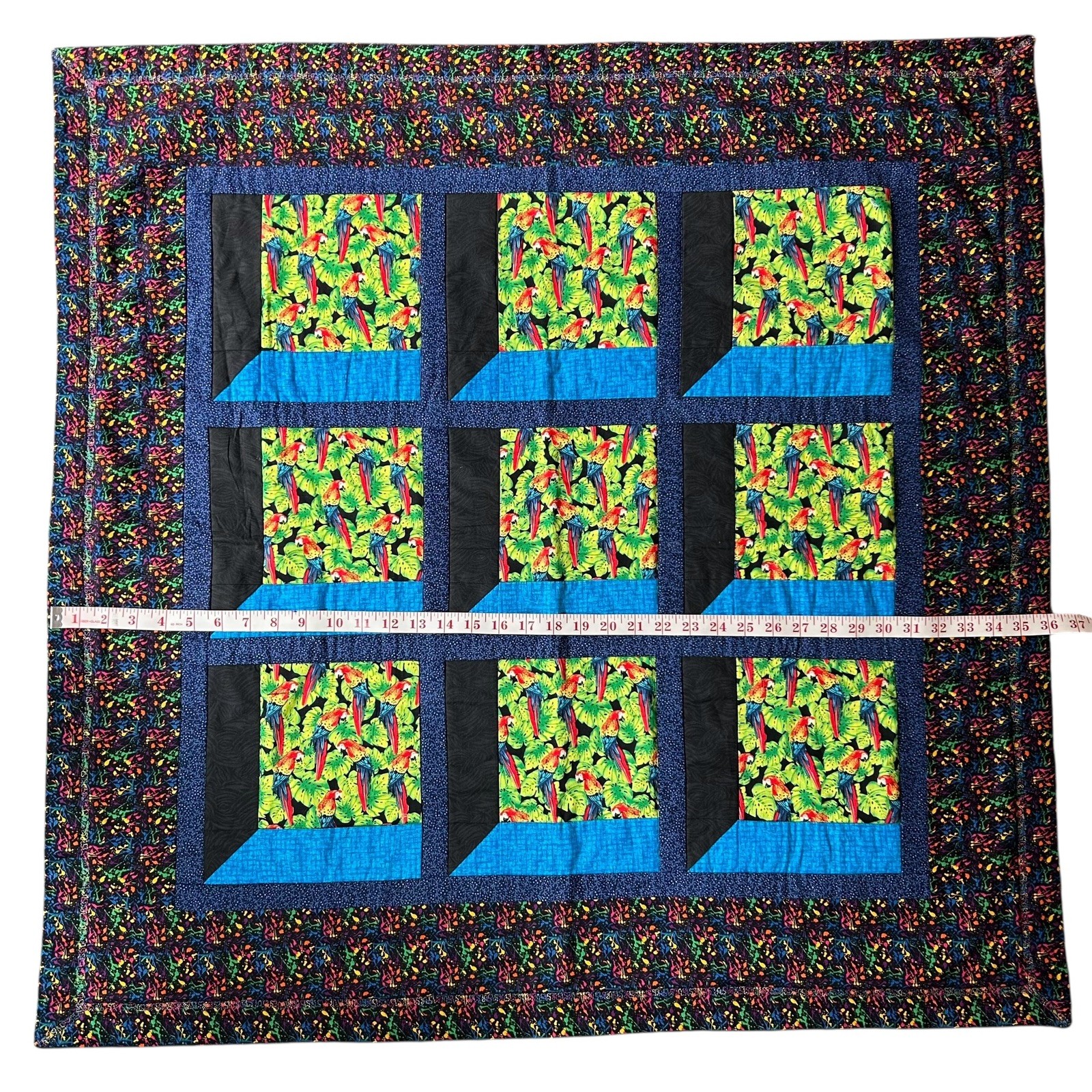 Handmade QUILT Attic Window Pane Patchwork Blue Tropical Bird Macaw 36” x 36”