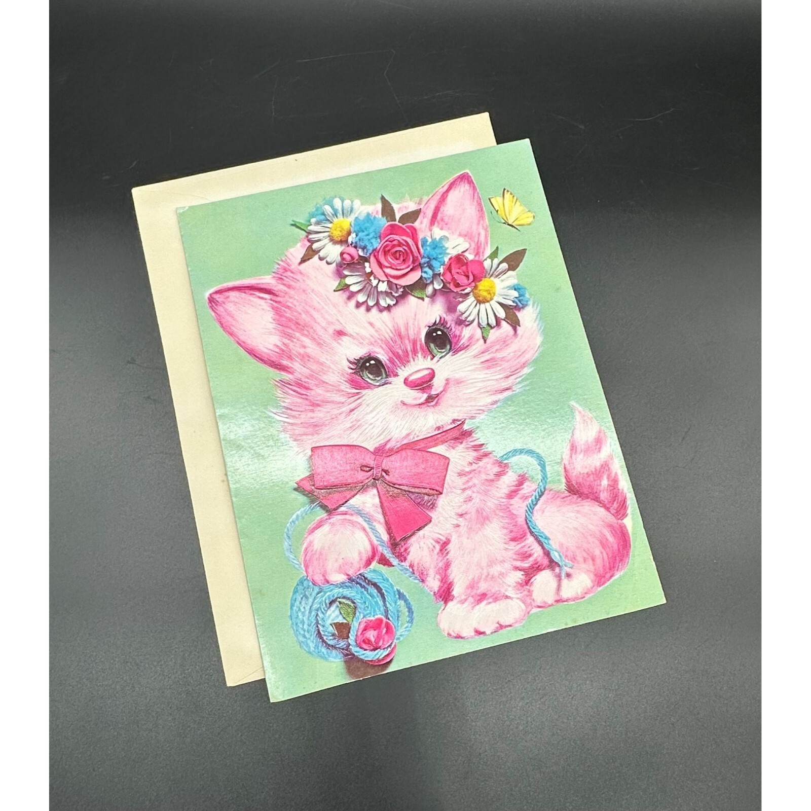 Vintage Get Well Card Nursery Decor Pink Cat Flowers Embossed Print Kitsch USA