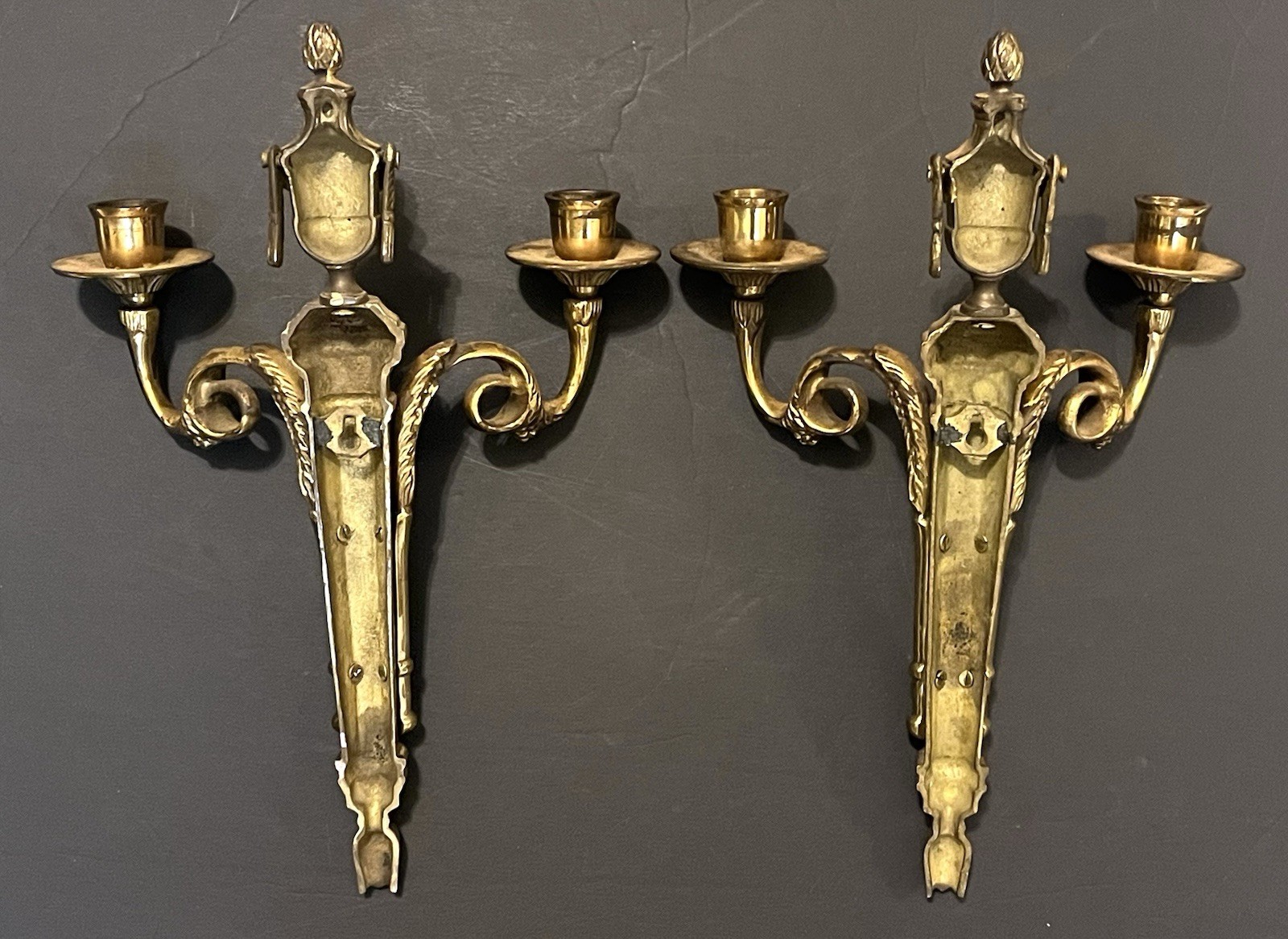 VTG (2) Regency French Style Solid Brass Wall Sconces Candle Holders – 14” Tall