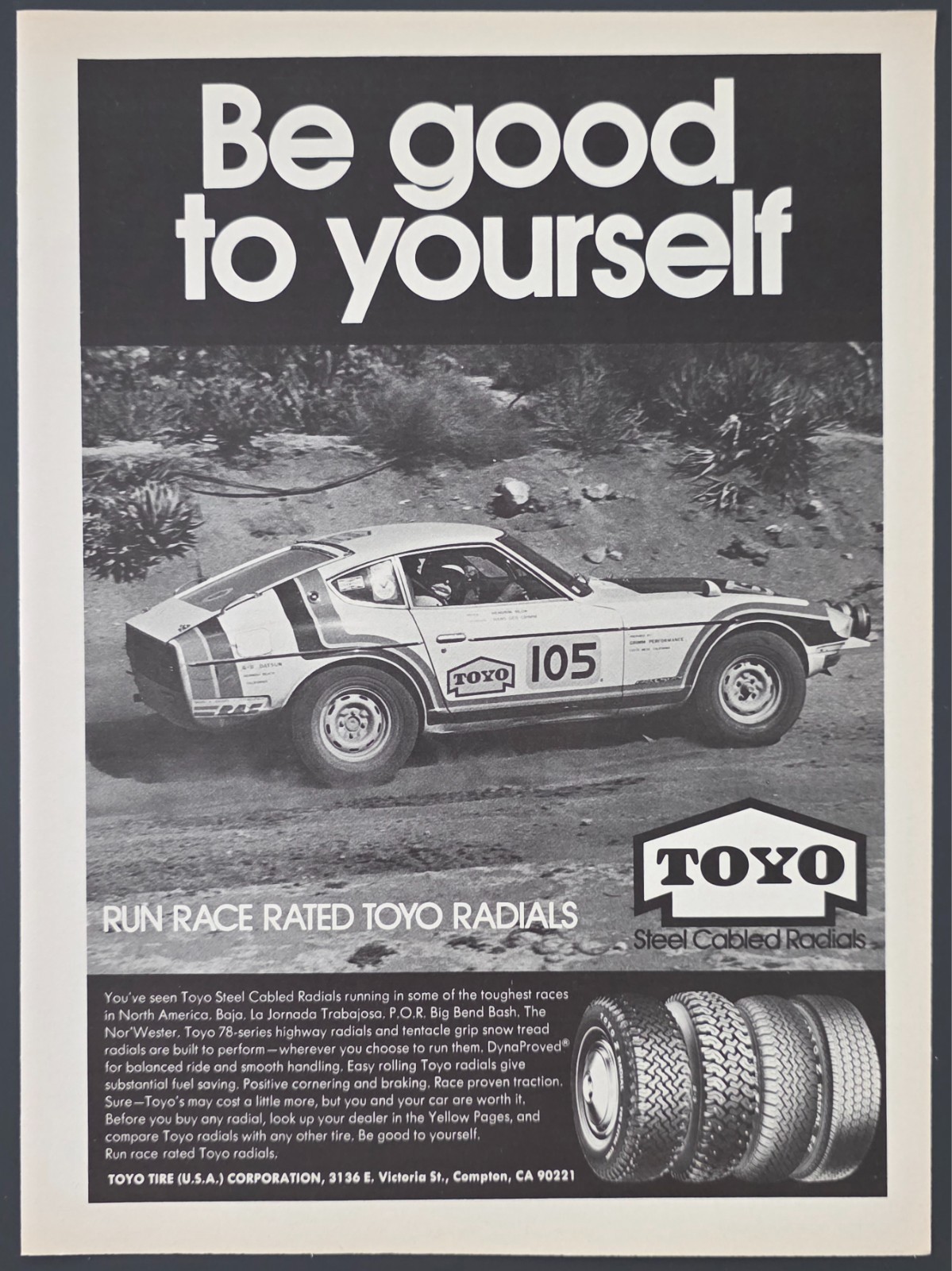 1975 PRINT AD Toyo Tires “Be Good to yourself” with Datsun Z Rally Car