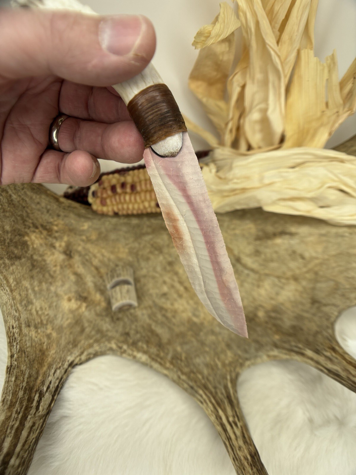 Stunning Razor Sharp Mookiate Jasper Beautiful Flint Knapped Deer Antler Knife