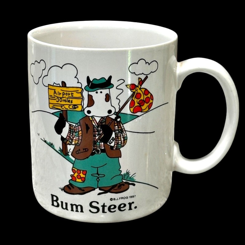 B J Frog Coffee Mug Cup Bum Steer Airport 30 Miles 1987 12 Ounce VTG 80s Kitschy