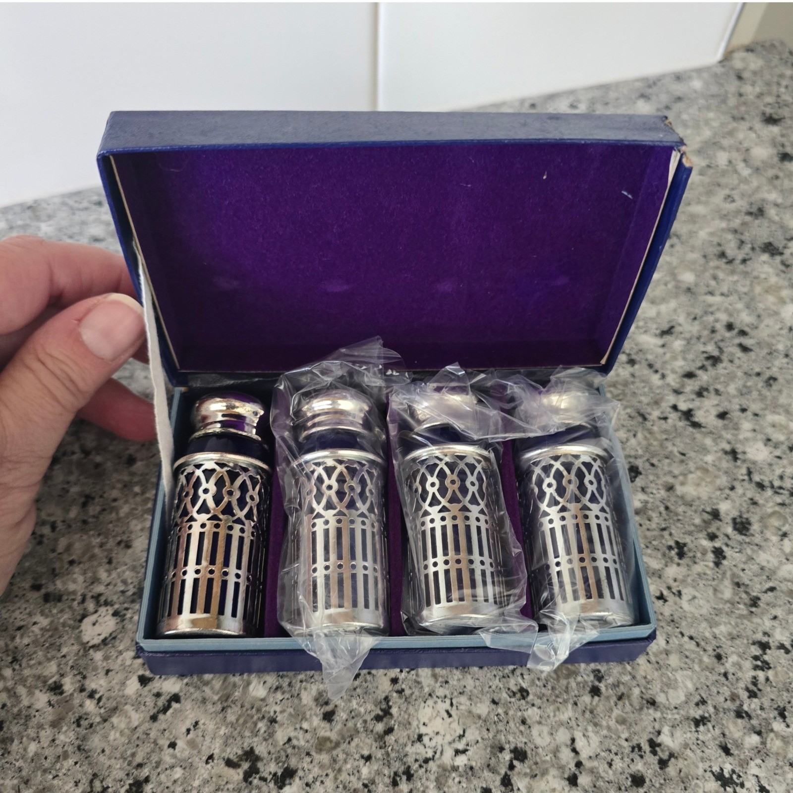 Japan Cobalt Blue Glass Silver Filigree Salt and Pepper Shakers Set of 4 Vintage